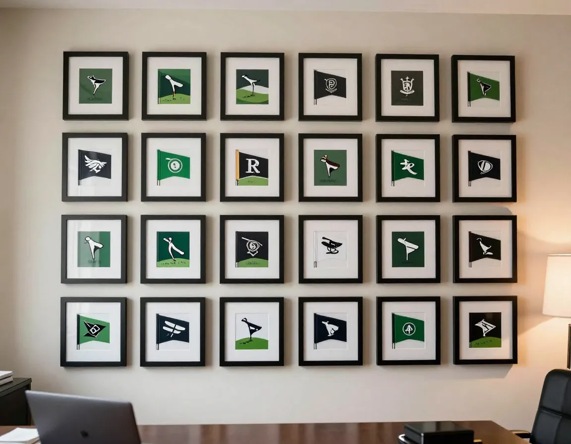 Consistent frames gallery wall home office display