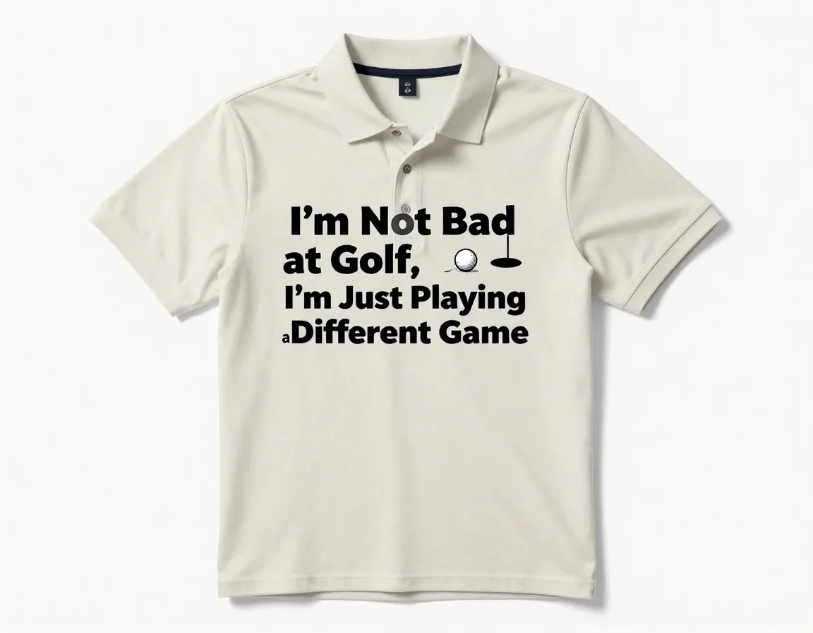 Shirt with i am not bad at golf text graphic and misdirected ball
