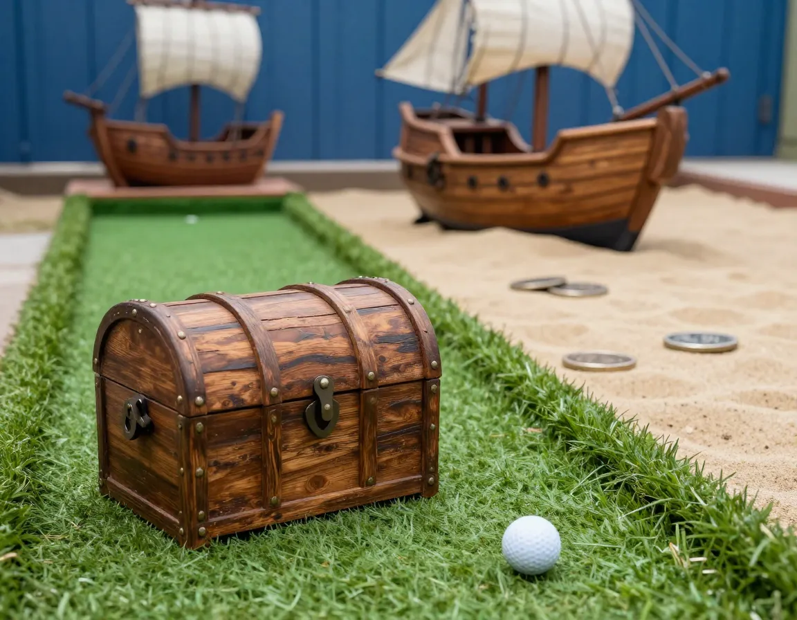 Wooden pirate ship treasure chest mini golf hole backyard