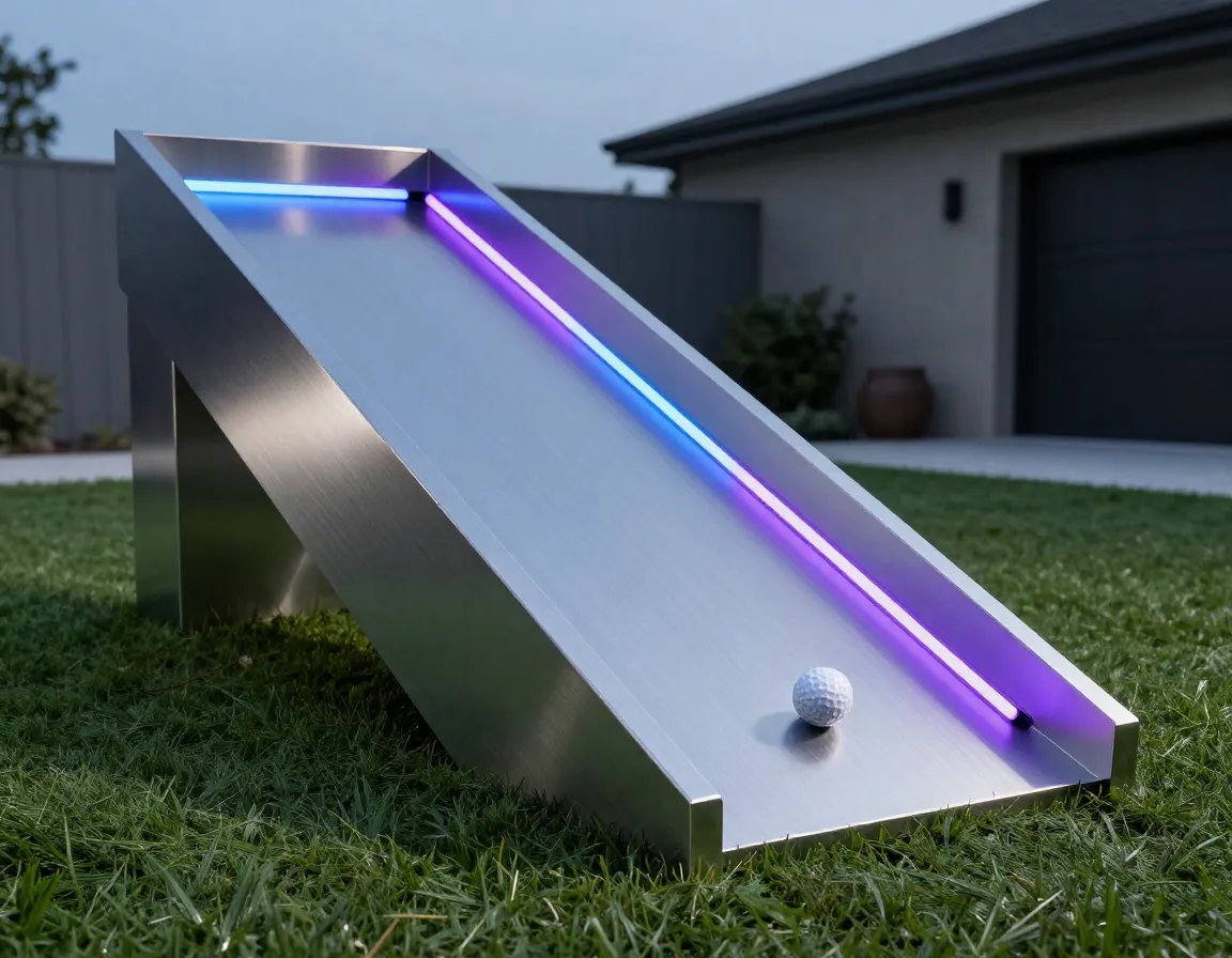 Metallic geometric ramp led lit futuristic mini golf course hole