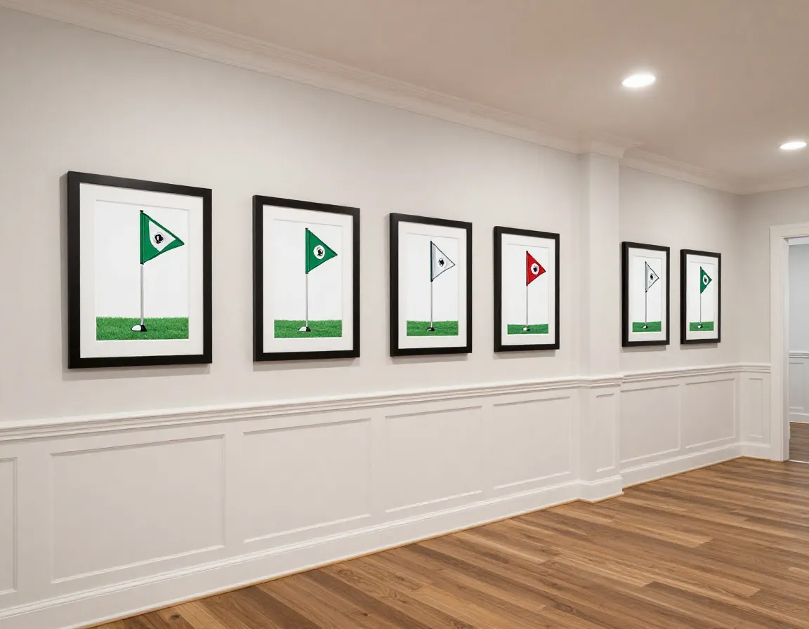 Hallway gallery linear display of framed golf flags