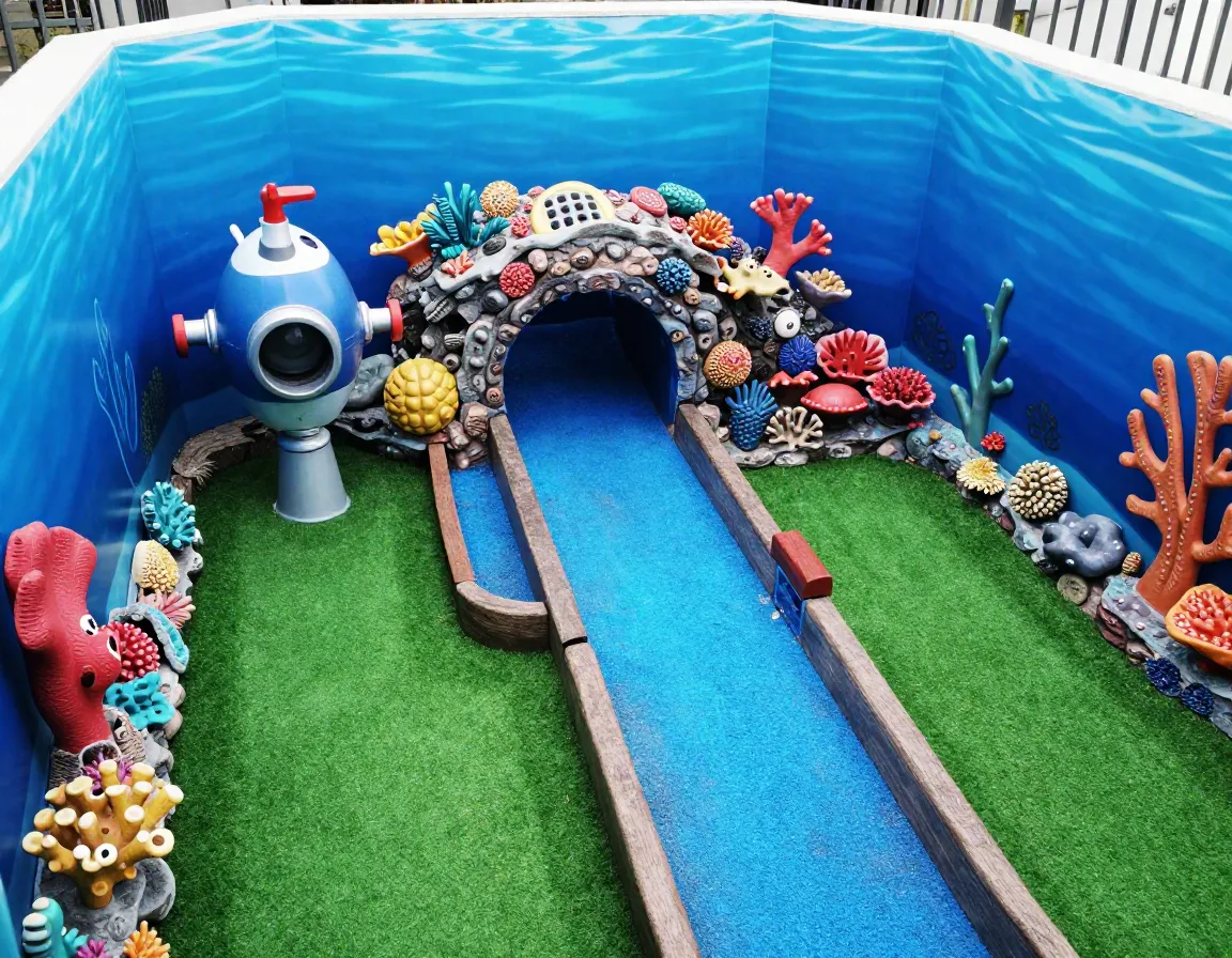 Submarine periscope coral reef tunnel underwater mini golf adventure