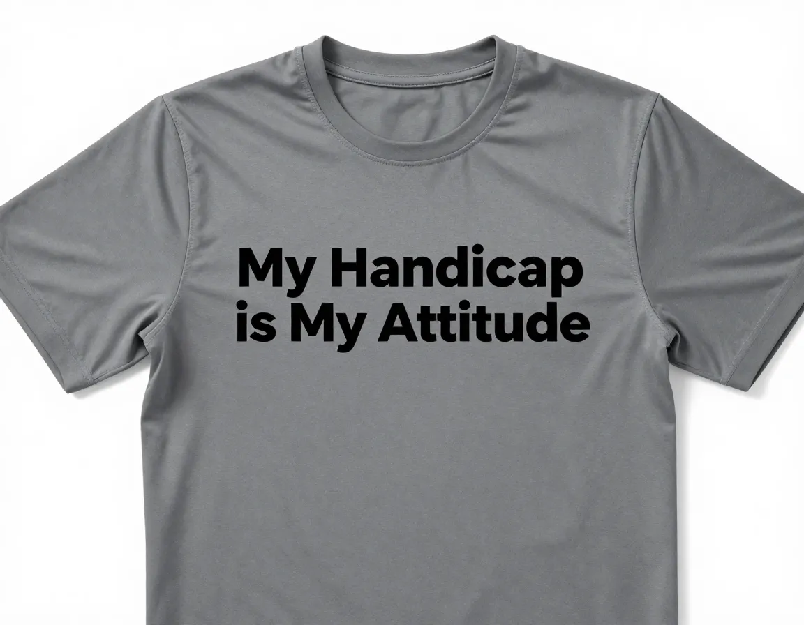 Shirt with text my handicap is my attitude simple bold typography