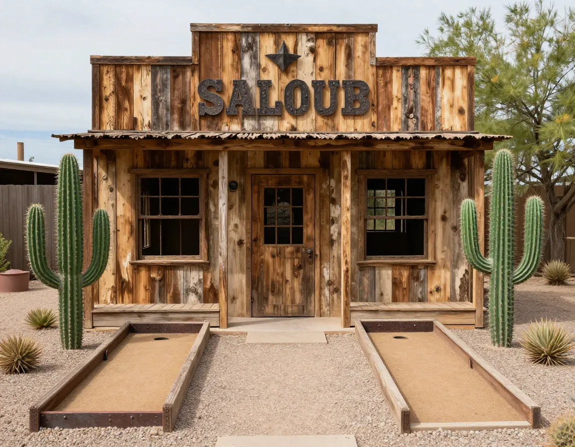 Weathered wood saloon facade cactus wild west mini golf hole