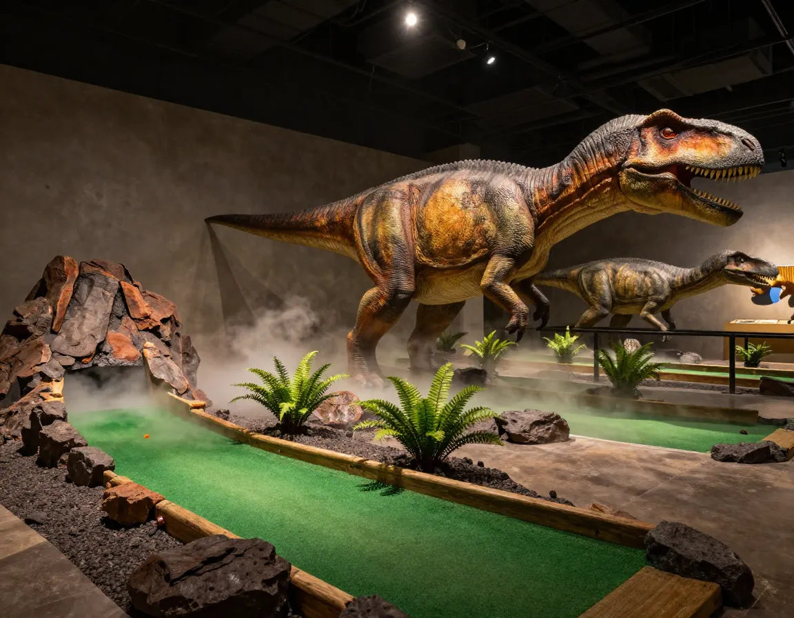 Life sized dinosaur replica volcanic mini golf prehistoric park