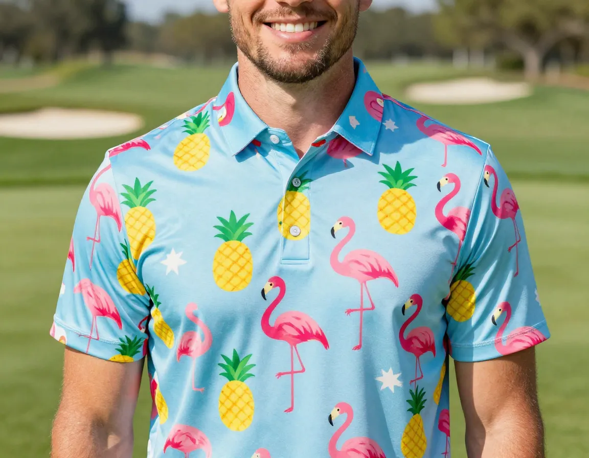 Bad birdie quirky pattern bright color fun golf polo