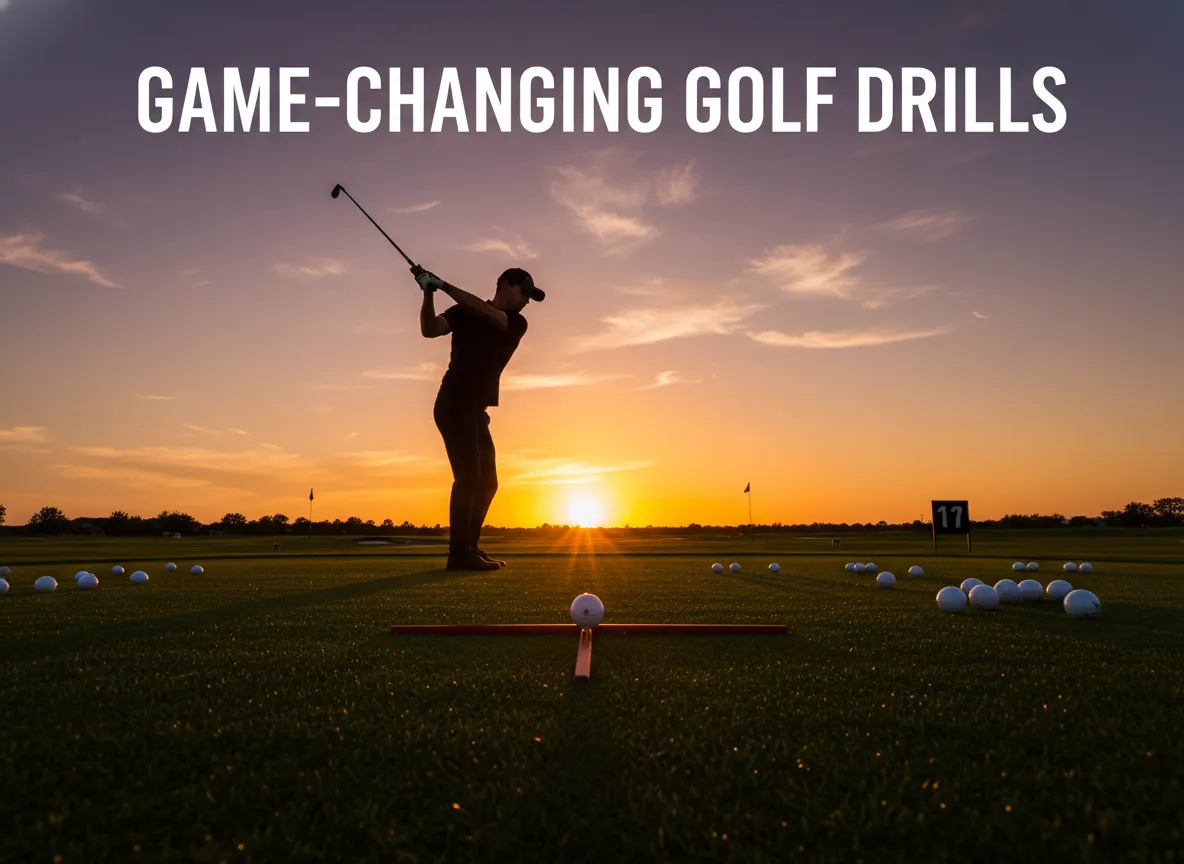 Focused golfer alignment sticks sunset driving range drills
