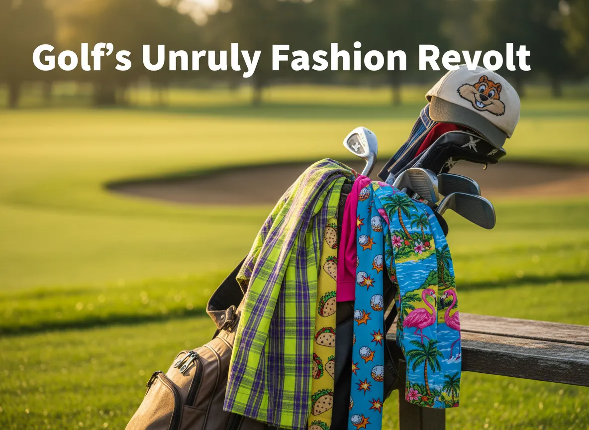 Golf fashion fail neon plaid cartoon hat hawaiian shirt mismatched socks