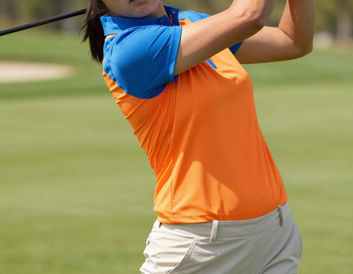 Bold color block performance polo golfer fairway swing