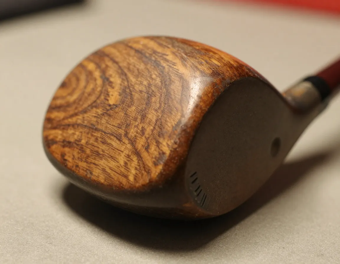Close up of a vintage persimmon driver showing detailed wood grain and face condition
