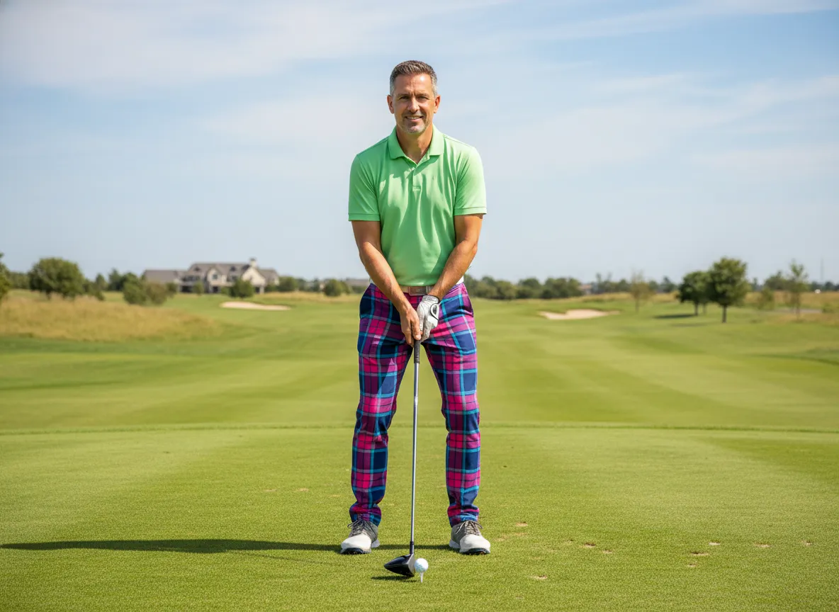 Golfer on tee wearing neon plaid pants lime green polo electric blue hot pink explosion