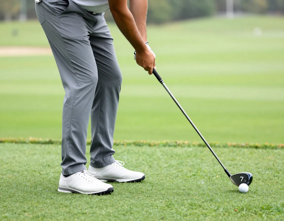 Golfer performing balance drill with feet together on outdoor driving range