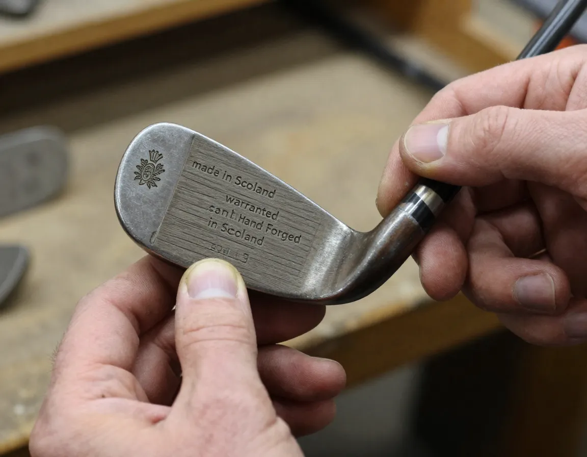 A hand holding a vintage golf club examining authentic scottish maker stamps