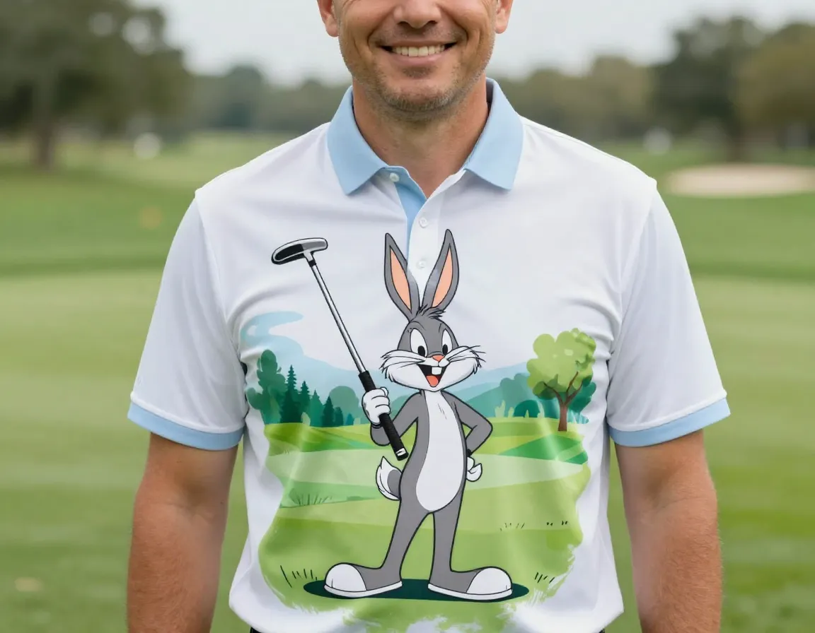 Golfer smiling wearing cartoon character golf shirt featuring bugs bunny putting