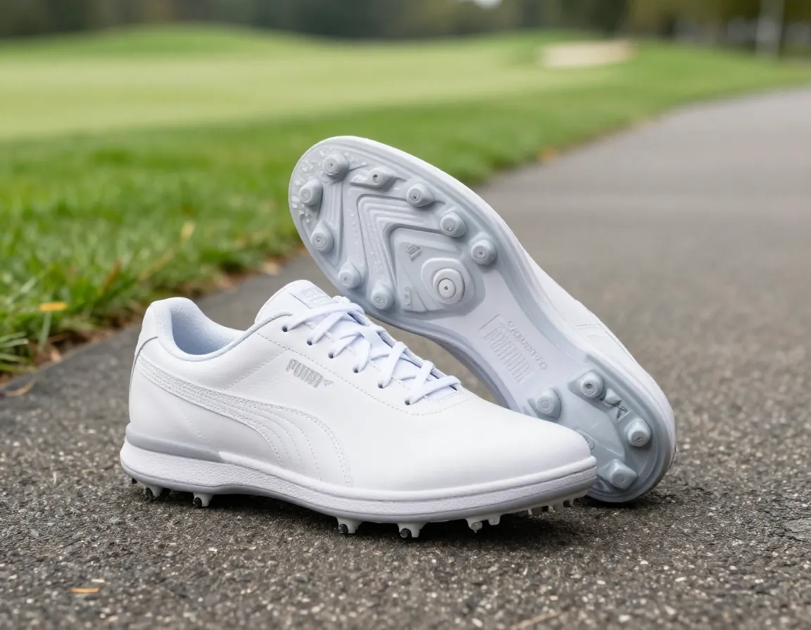 Puma avant leather spikeless golf shoes on pavement near green