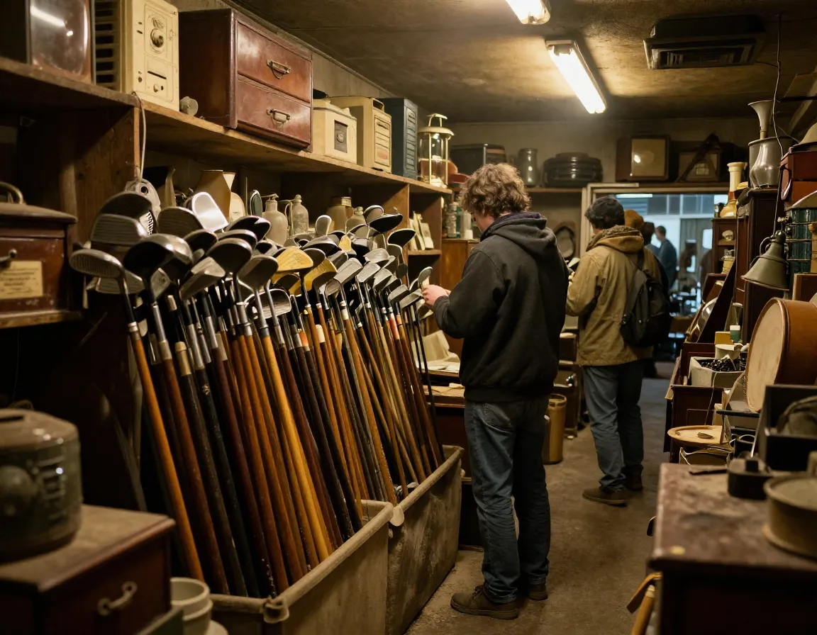 A person browsing through vintage golf clubs at a cluttered antique shop