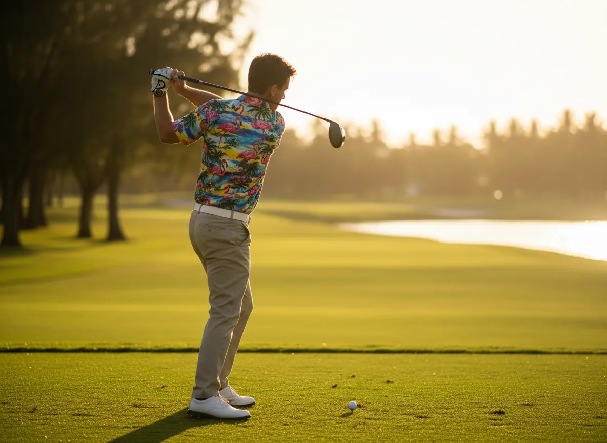 Golfer in vintage hawaiian shirt white belt shoes flamingos palm trees