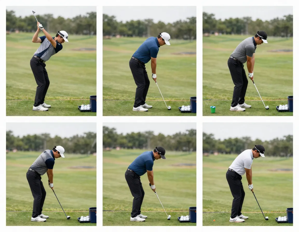 Golfer practicing tempo progression with iron at driving range tee