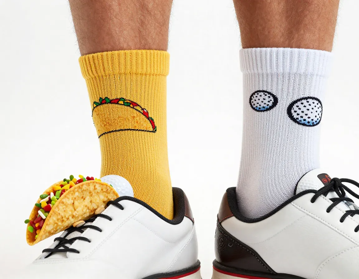 Closeup golfers ankles mismatched socks one taco one golf ball