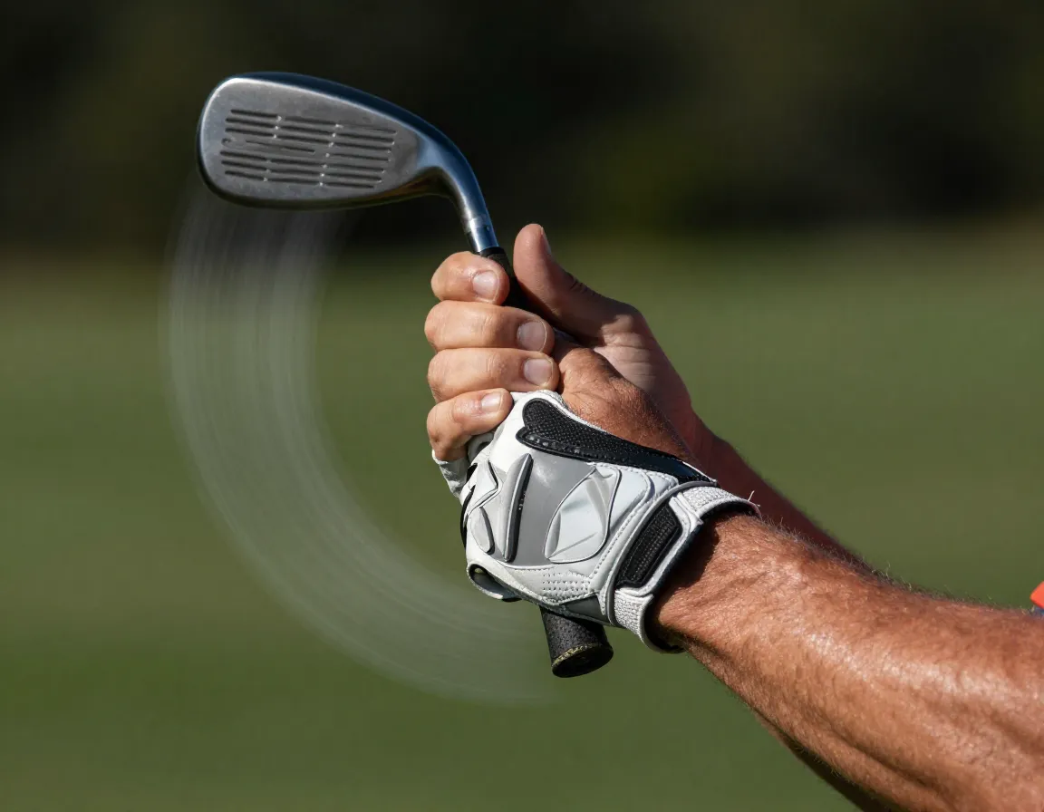 Golfer demonstrating motorcycle drill wrist rotation at top of backswing