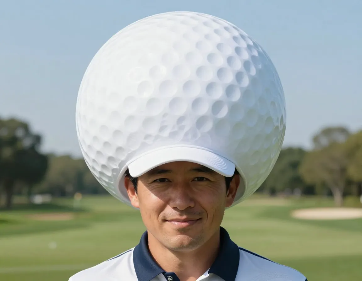 Golfer wearing novelty hat shaped like giant white golf ball