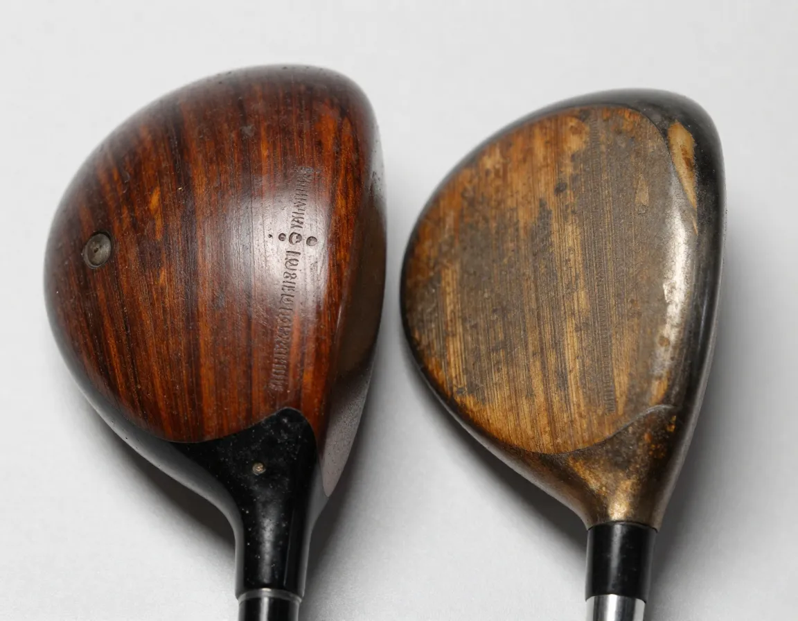 A suspiciously pristine vintage club head next to a genuinely aged one