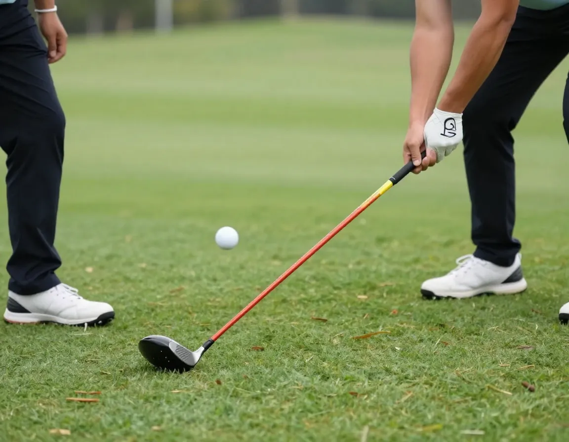 Golfer dragging alignment stick in follow through after impact