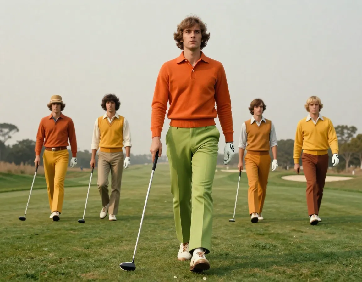 Golfer in retro outfit burnt orange avocado green mustard yellow