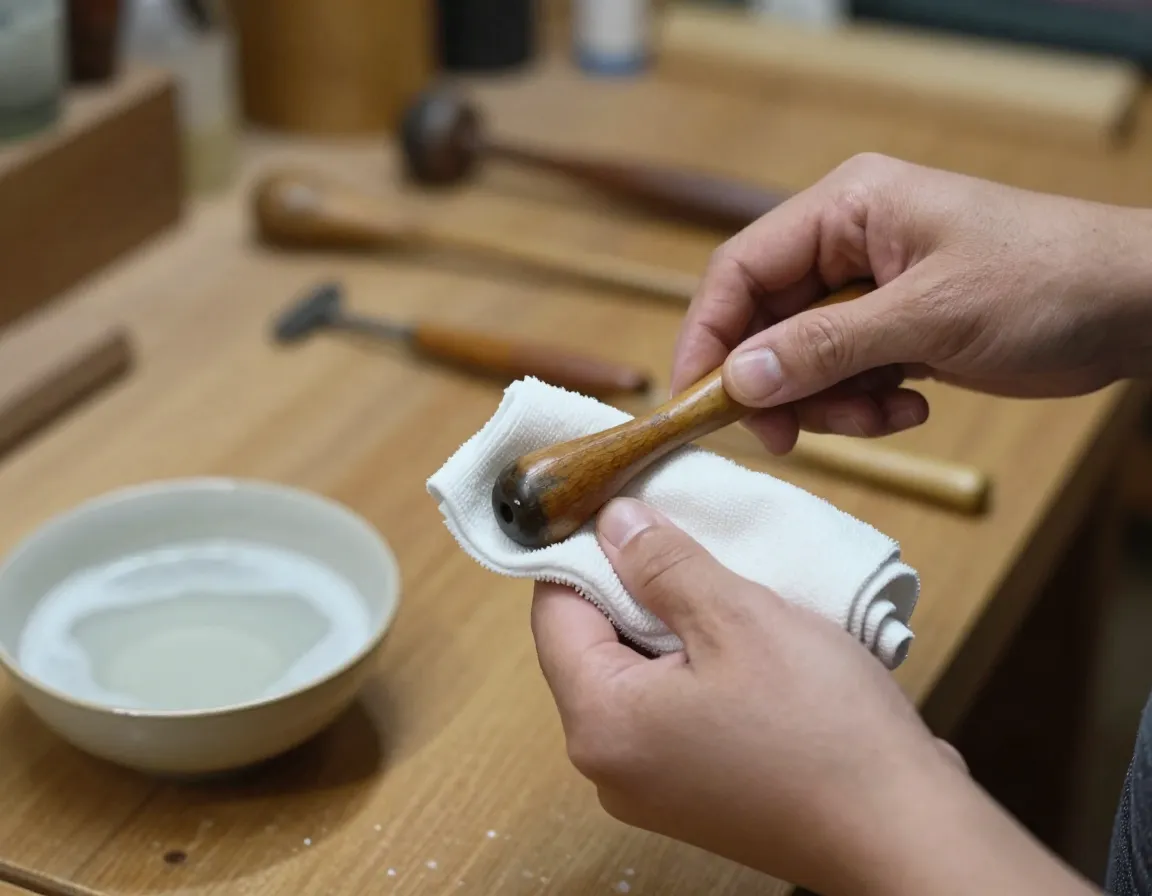 A vintage wooden driver being gently cleaned with a soft cloth in a workshop