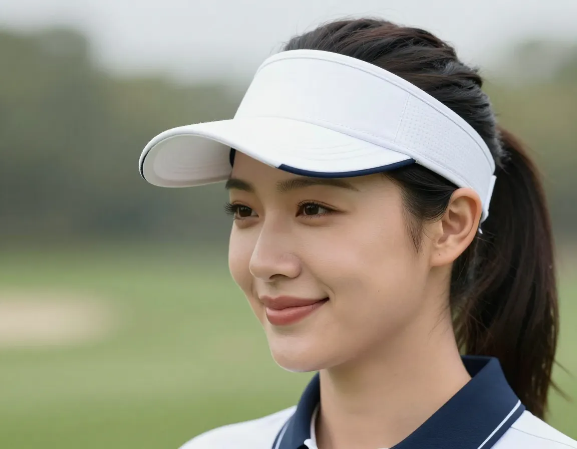 Adjustable visor with contrast stitching on female golfer