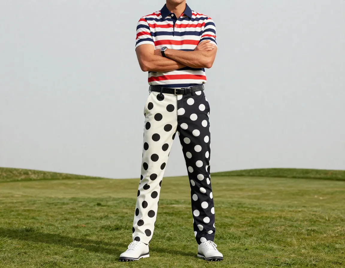 Golfer confidently mixing bold stripes with polka dot patterns