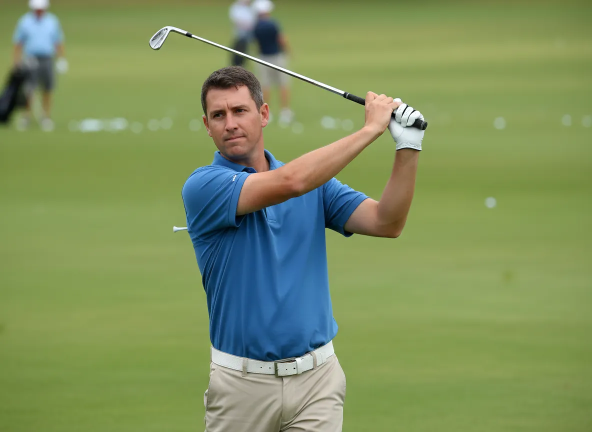 Golfer swinging with tees under arms for body connection drill