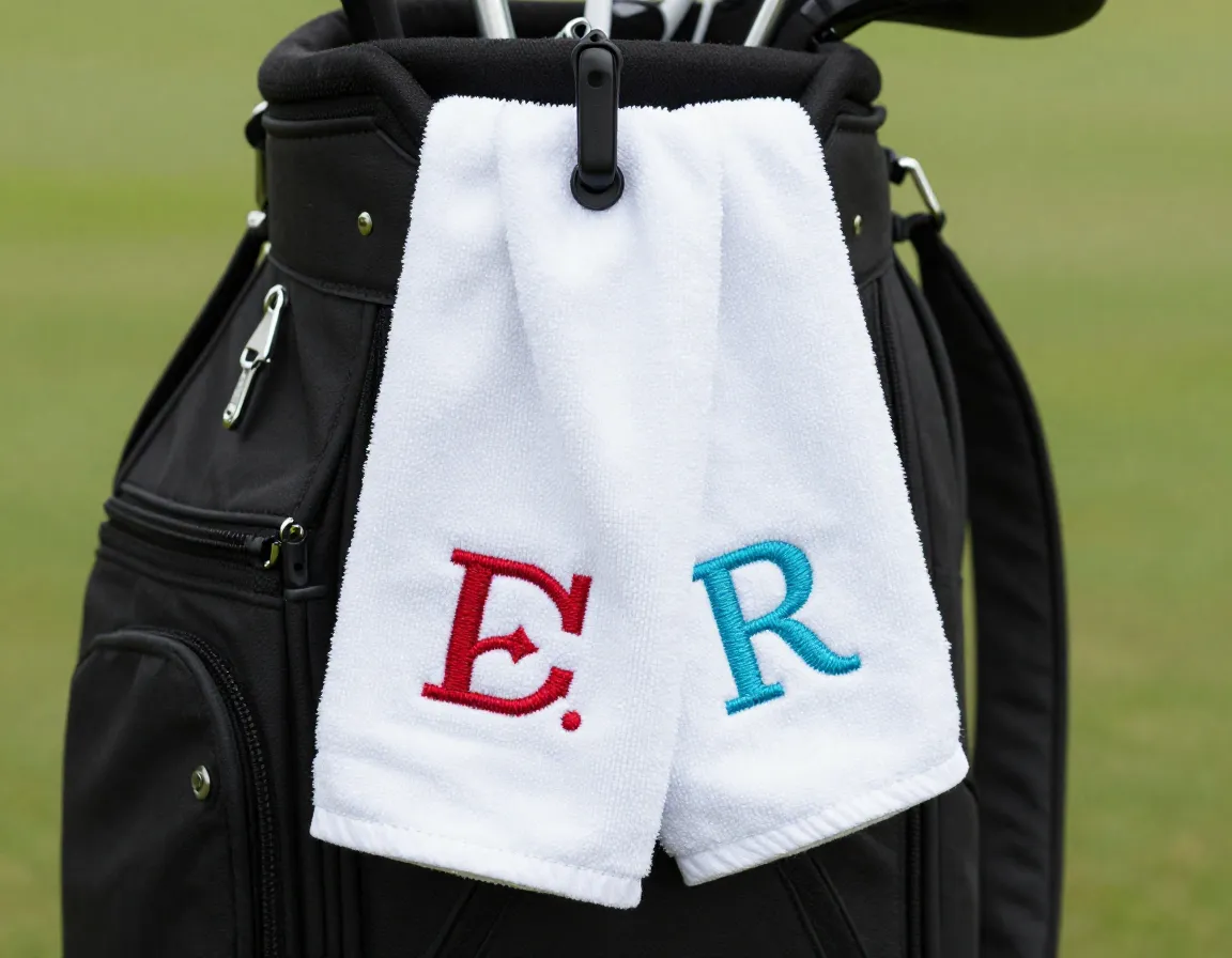 Monogrammed golf towel with custom color hanging on bag
