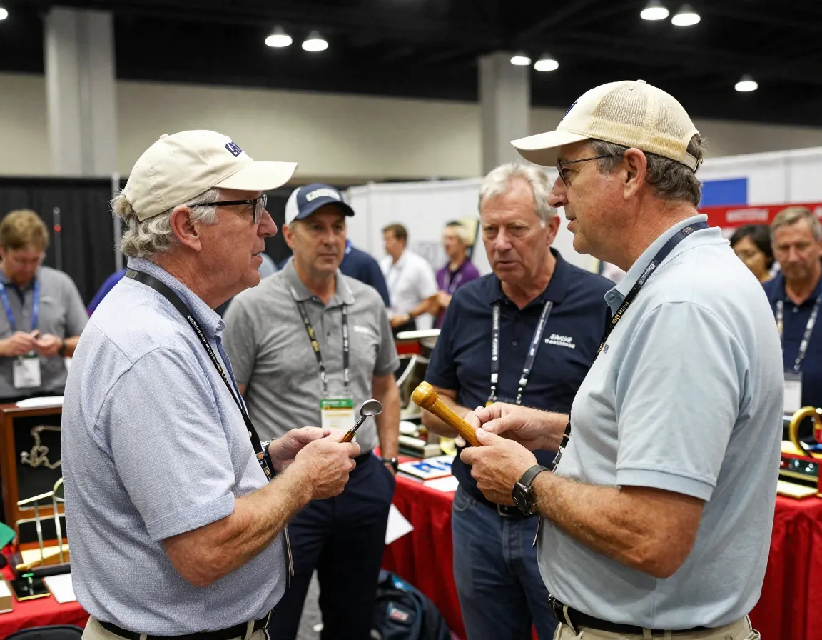 Two collectors examining and discussing a vintage club at a golf equipment show