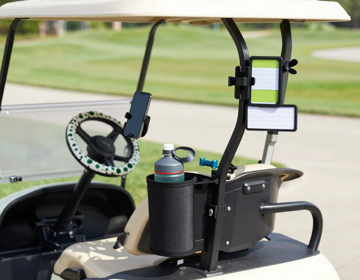 Golf cart with insulated holder and phone mount accessories