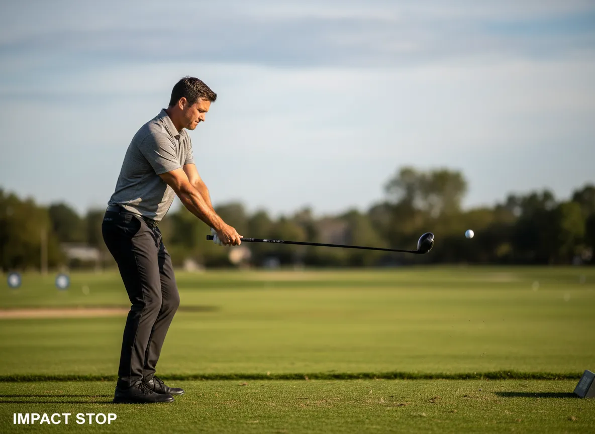 Golfer abruptly stopping club after impact in balance drill