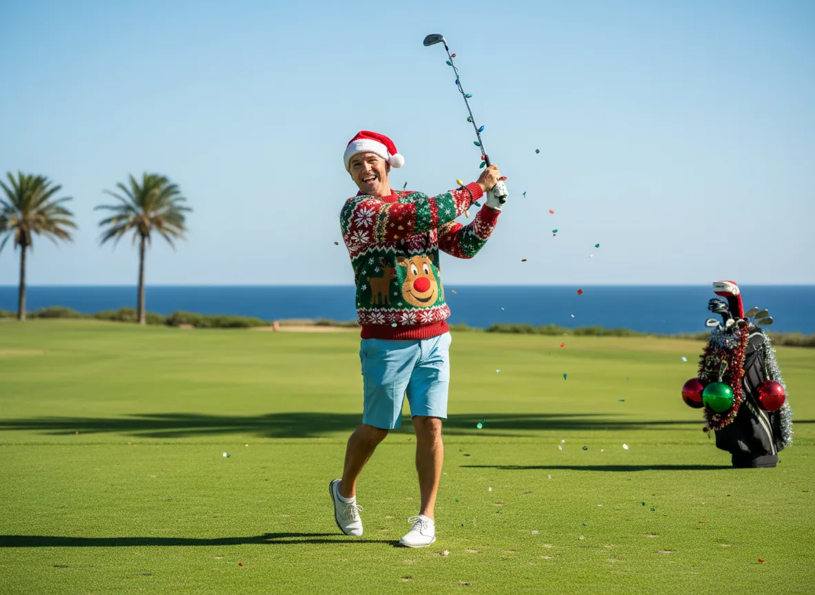 Golfer wearing christmas sweater in july on sunny golf course