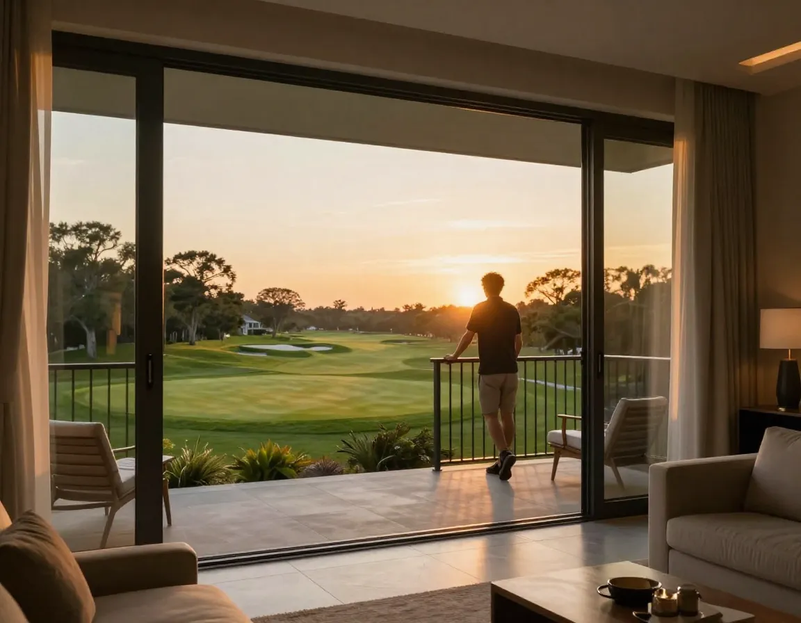 Evaluating apartment view quality from a south facing balcony at sunset