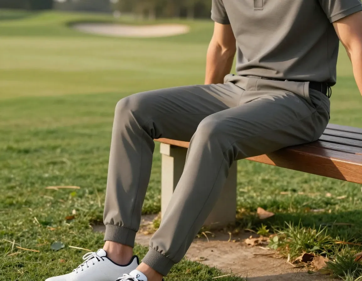 Tailored performance joggers on golf course bench