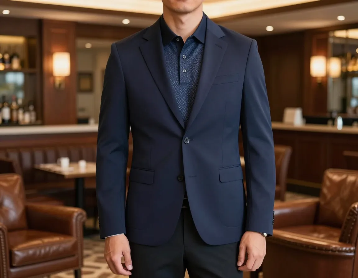 Hybrid performance blazer in upscale clubhouse setting