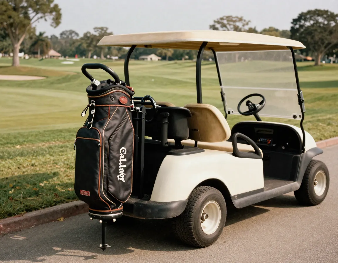 Warbird vintage cart bag attached to classic golf cart
