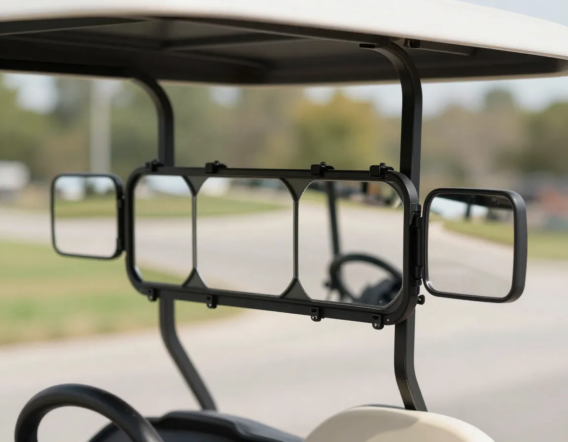 Five panel rear view mirror mounted on a golf cart frame