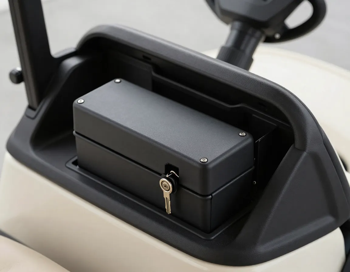 Locking glove box integrated into a club car golf cart dashboard