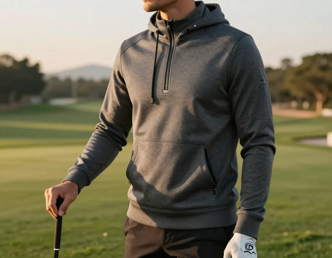 Luxury golf hoodie with premium details at driving range