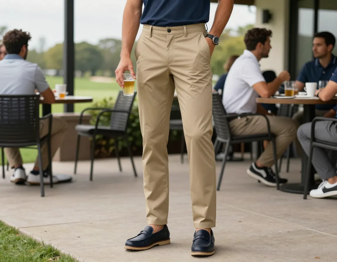 Performance chinos with athletic dna on clubhouse patio