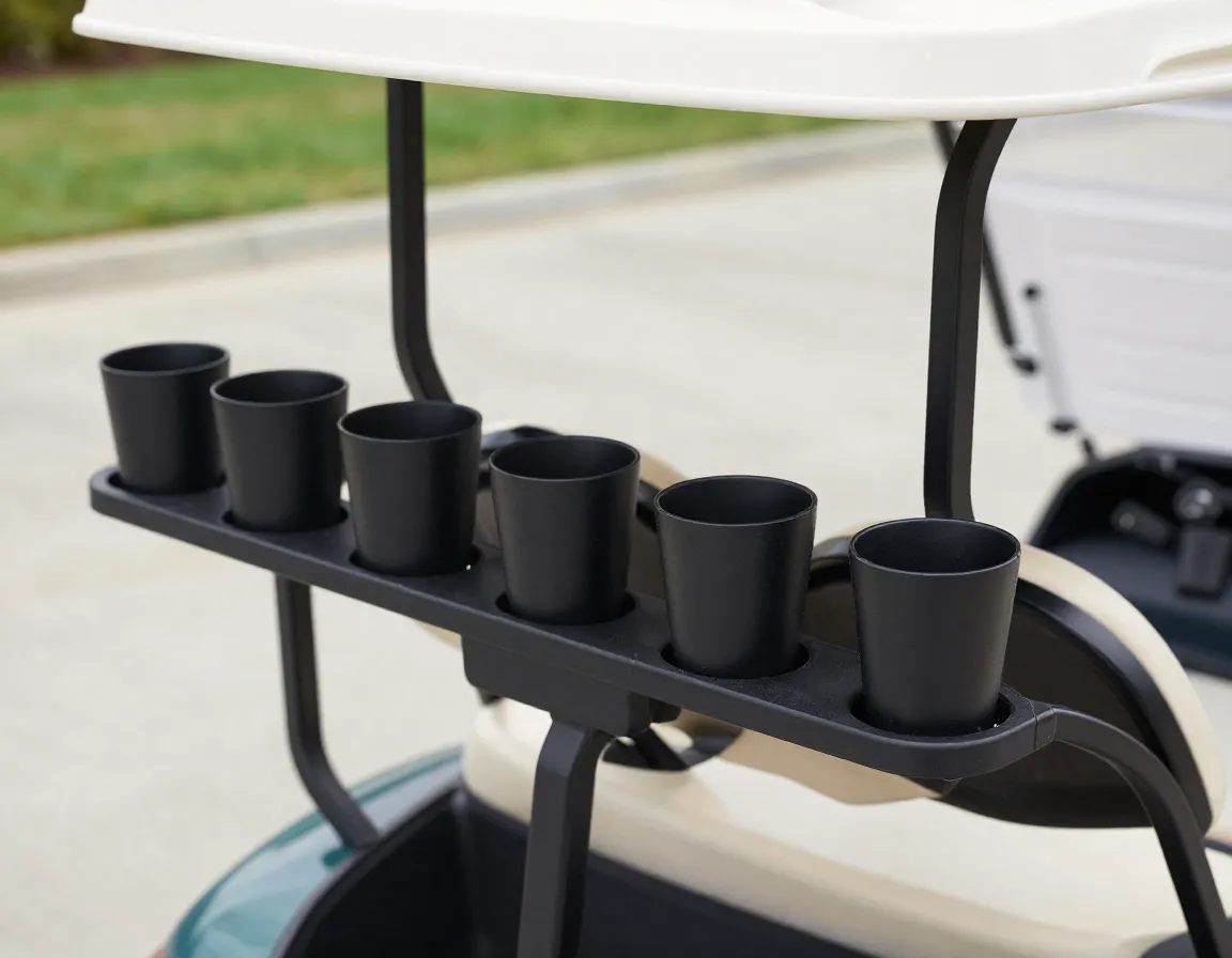 Rear beverage holders attached to a golf cart accessory bar