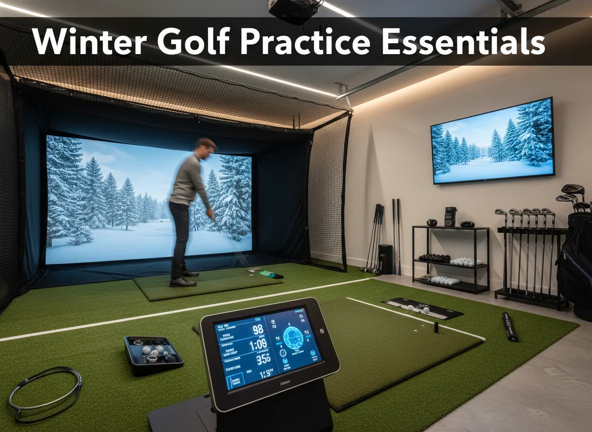 Indoor golf essentials launch monitor hitting mat winter practice