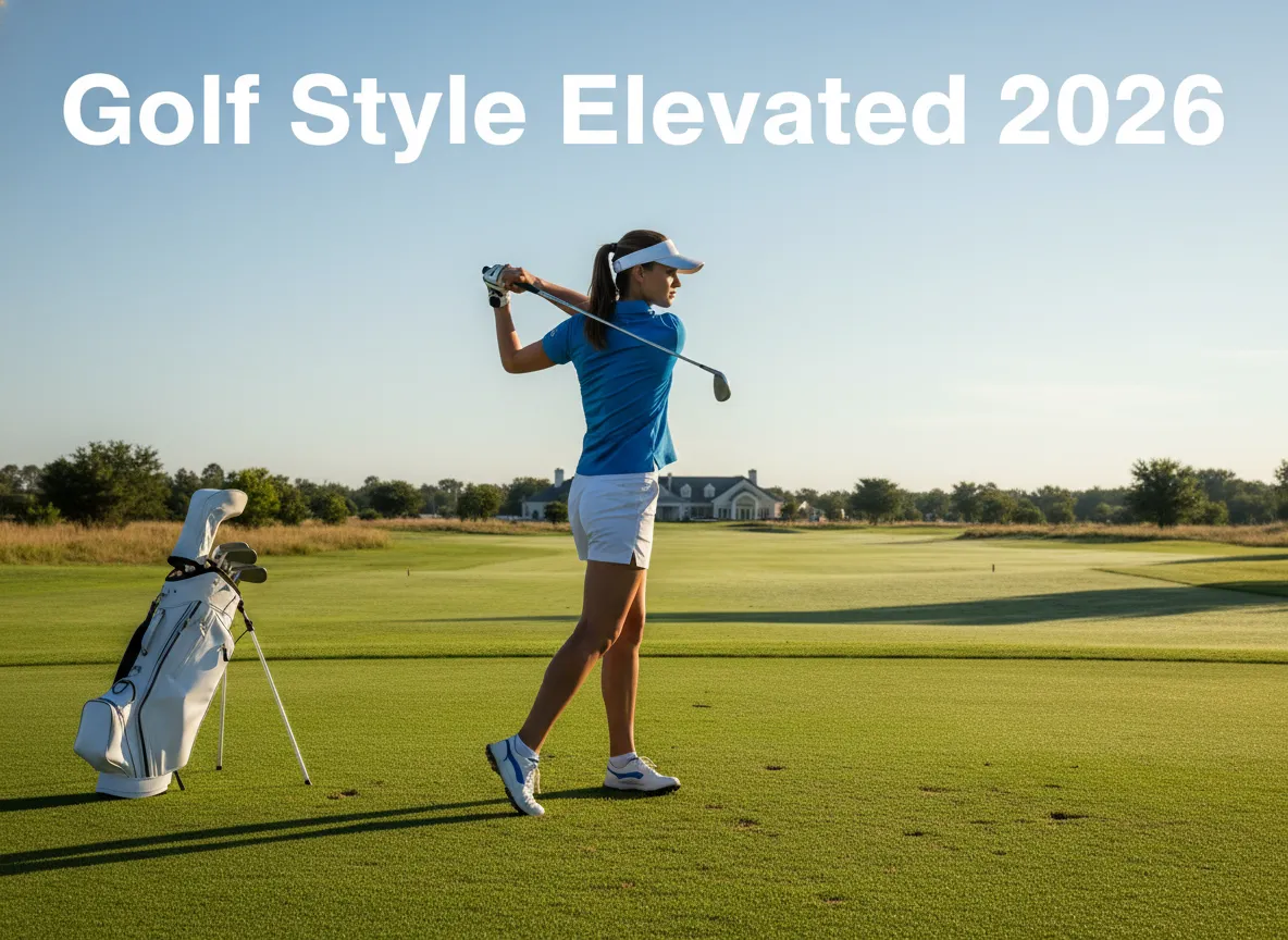 Modern female golfer bold blue white swing action stylish