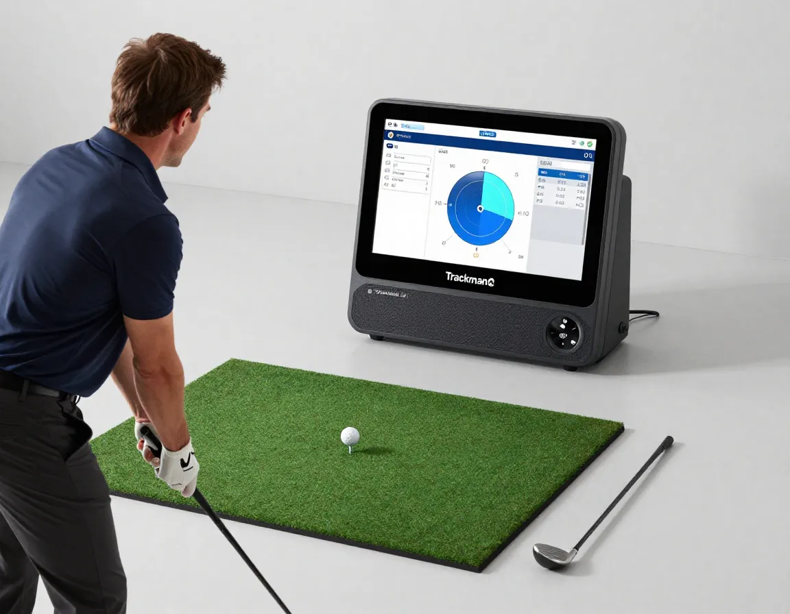 Man using trackman io launch monitor with data screen in clean garage