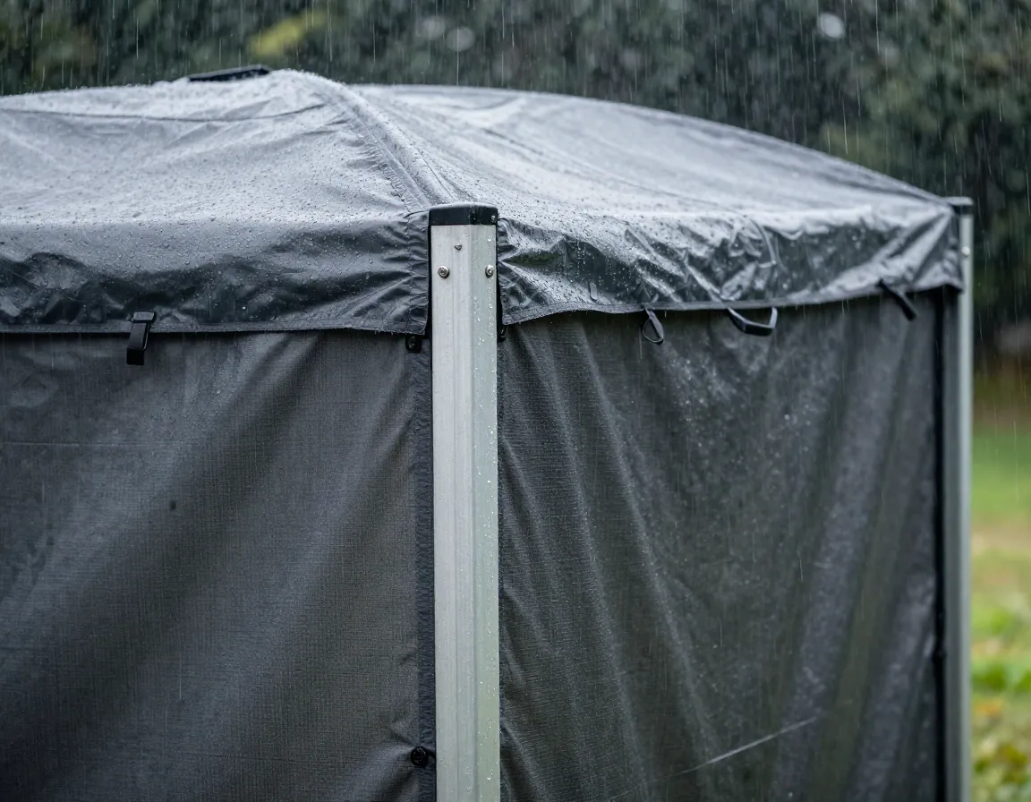 Outdoor golf simulator enclosure weathered by rain wind and uv exposure